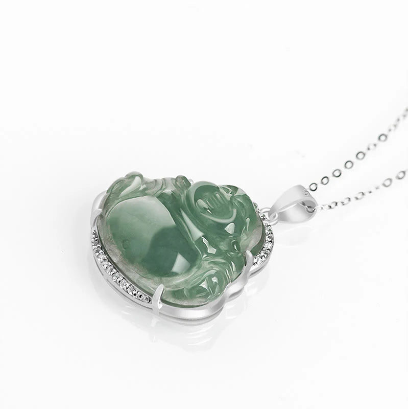 Buddha Stones Laughing Buddha Natural Jade Luck Prosperity Necklace Titanium Steel Chain Pendant