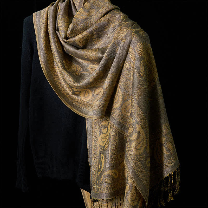 Buddha Stones Spring Dark Khaki Cashew Flower Leaves Pattern Tassel Soft Scarf Shawl
