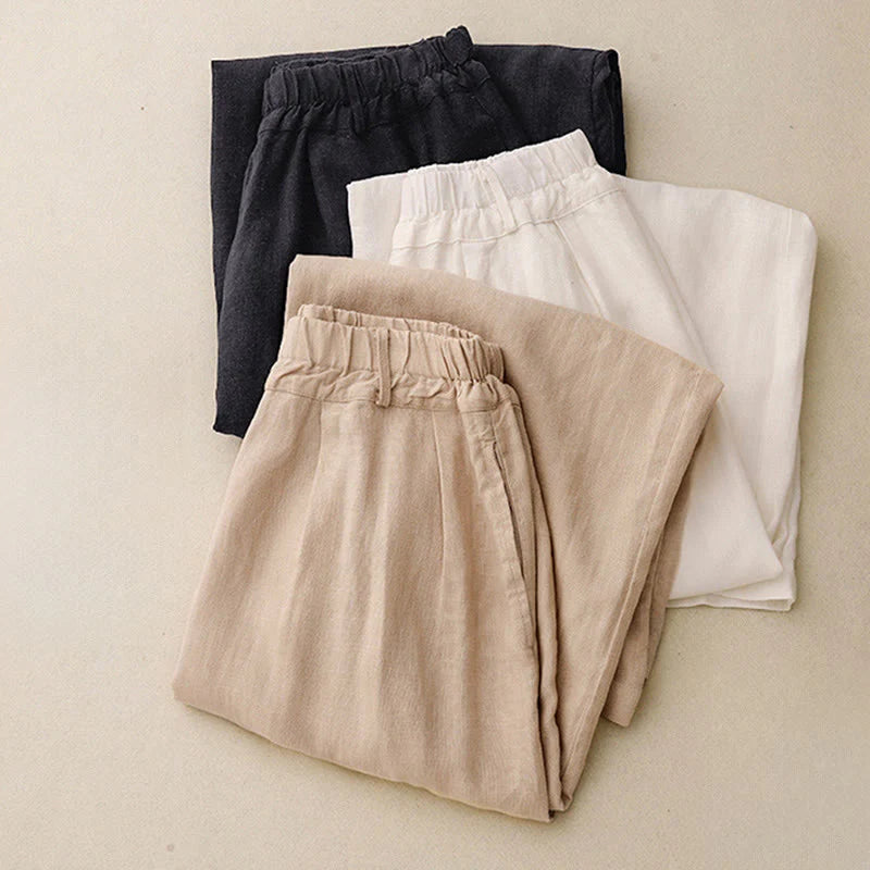 Buddha Stones Solid Color Cotton Women's Wide Leg Pants With Pockets