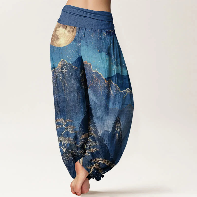 Buddha Stones Cotton Casual Full Moon Mountains Trees River Pattern Women's Elastic Waist Harem Pants