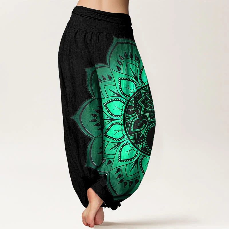 Buddha Stones Cotton Symmetrical Mandala Pattern Women's Elastic Waist Harem Pants