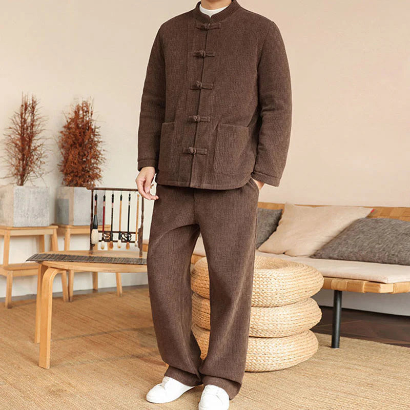 Buddha Stones 2Pcs Winter Solid Men's Tang Suit Frog-Button Cotton Long Sleeve Jacket Pants Set With Pockets
