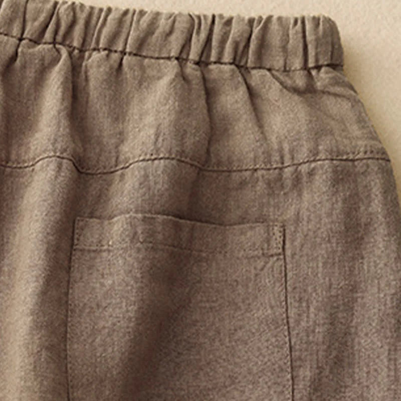 Buddha Stones Summer Plain Casual 7-8 Length Lace-up Women's Cotton Linen Harem Pants With Pockets