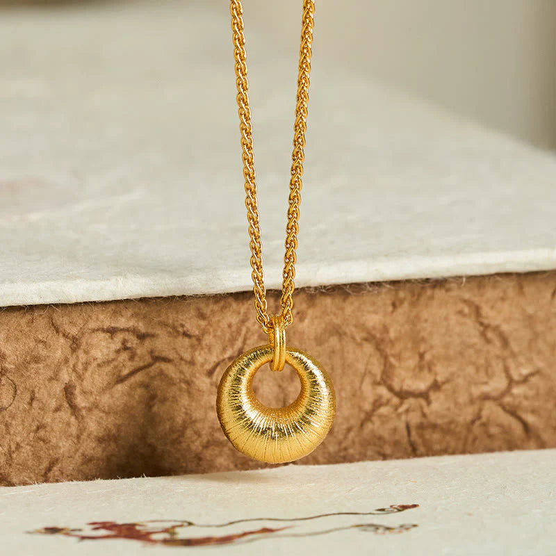 Buddha Stones 24k Gold Plated Copper Peace Buckle Texture Wealth Necklace Pendant