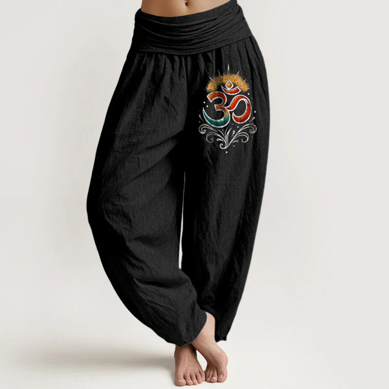 Buddha Stones Om Symbol Light Pattern Women's Elastic Waist Harem Cotton Pants