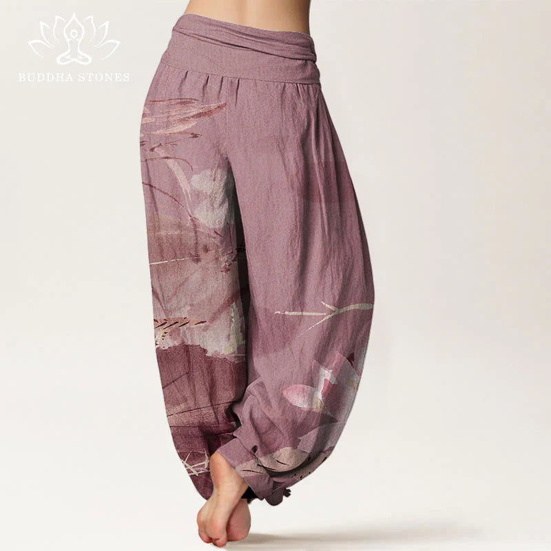 Buddha Stones Cotton Pink Lotus Leaves Bird Pattern Women's Elastic Waist Harem Pants
