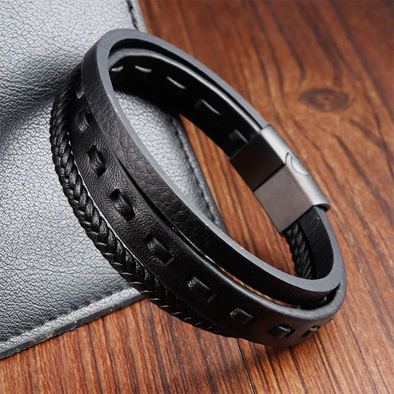 Buddha Stones Titanium Steel Buckle Multilayered Braided Leather Calm Bracelet