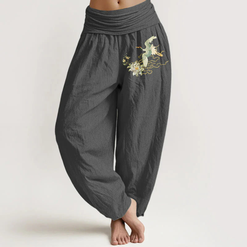 Buddha Stones Cranes Lotus Pattern Pure Cotton Women's Elastic Waist Harem Pants