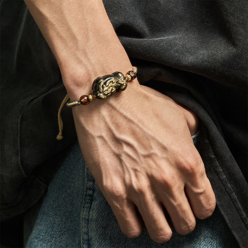 Buddha Stones Gold Sheen Obsidian PiXiu Wealth Rope Bracelet