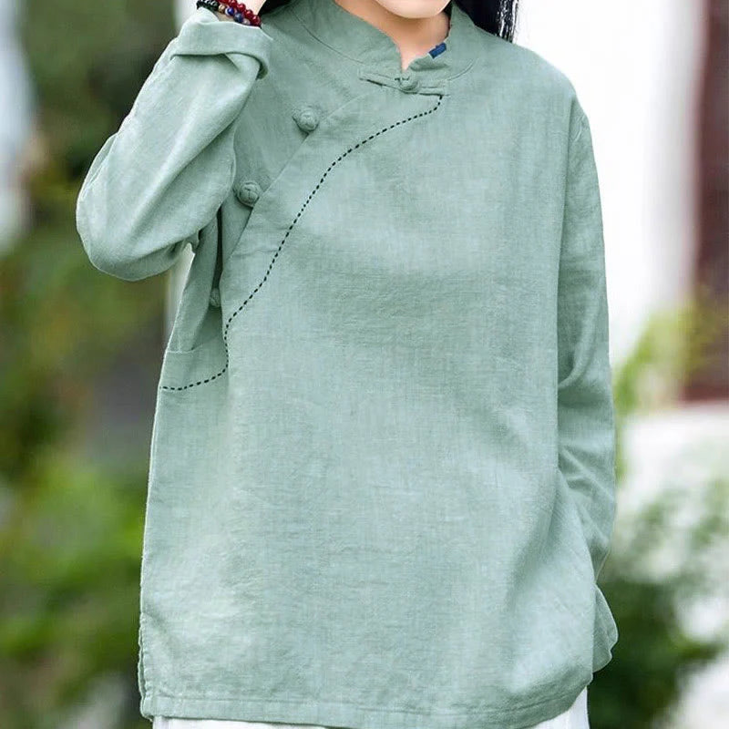 Buddha Stones Oblique Collar Knot button Loose Linen Clothing