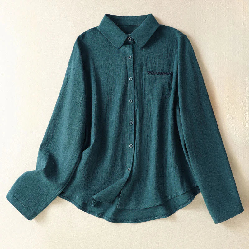 Buddha Stones Women's Spring Retro Plain Simple Embroidery Design Long Sleeve Cotton Shirt With Pocket