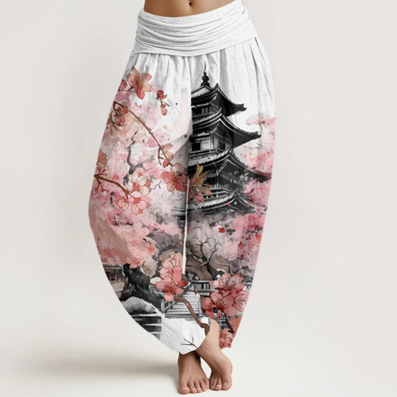 Buddha Stones Cotton Pavilion Cherry Blossom Pattern Women's Elastic Waist Harem Pants