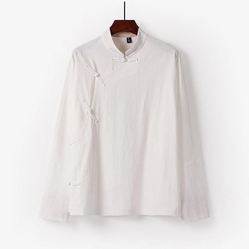 Buddha Stones Vintage Plain Chinese Frog-Button Cotton Long Sleeve Men's Shirt