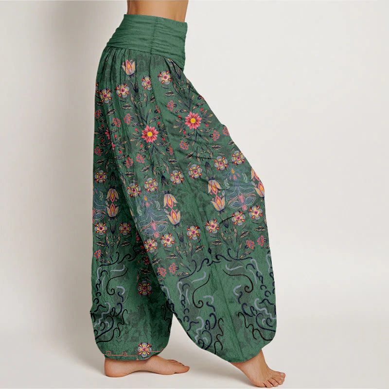 Buddha Stones Pure Cotton Blooming Multicolored Floral Women's Elastic Waist Harem Pants