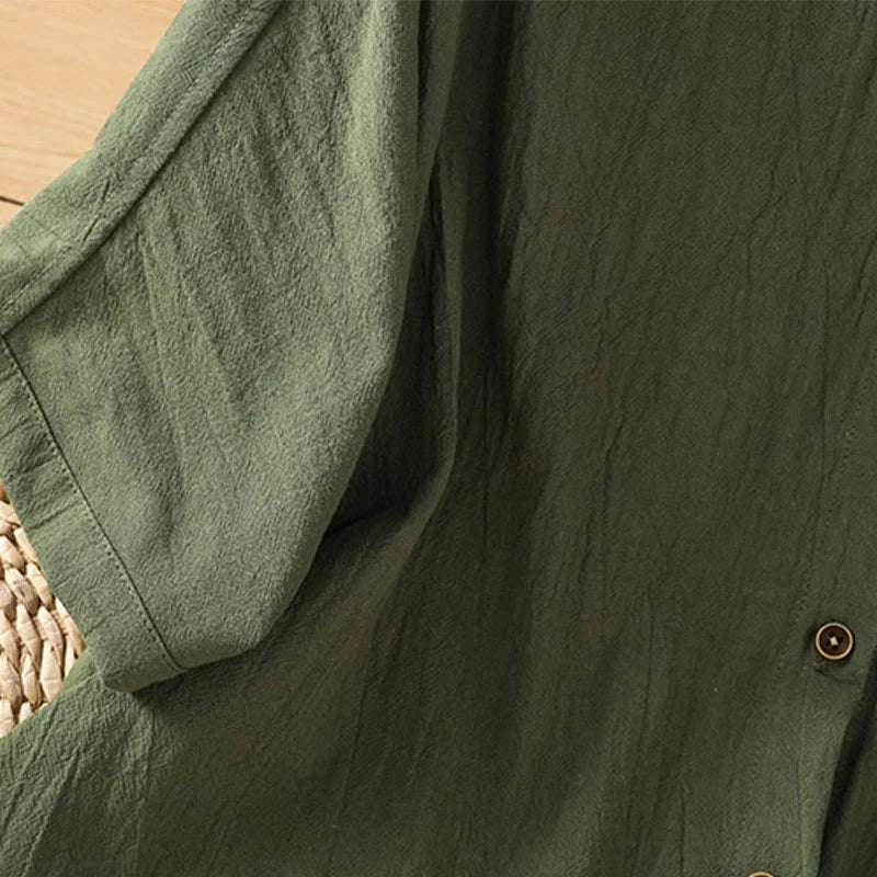 Buddha Stones Casual Plain Buttons Half Sleeve Women's Cotton Linen Shirt With Pocket