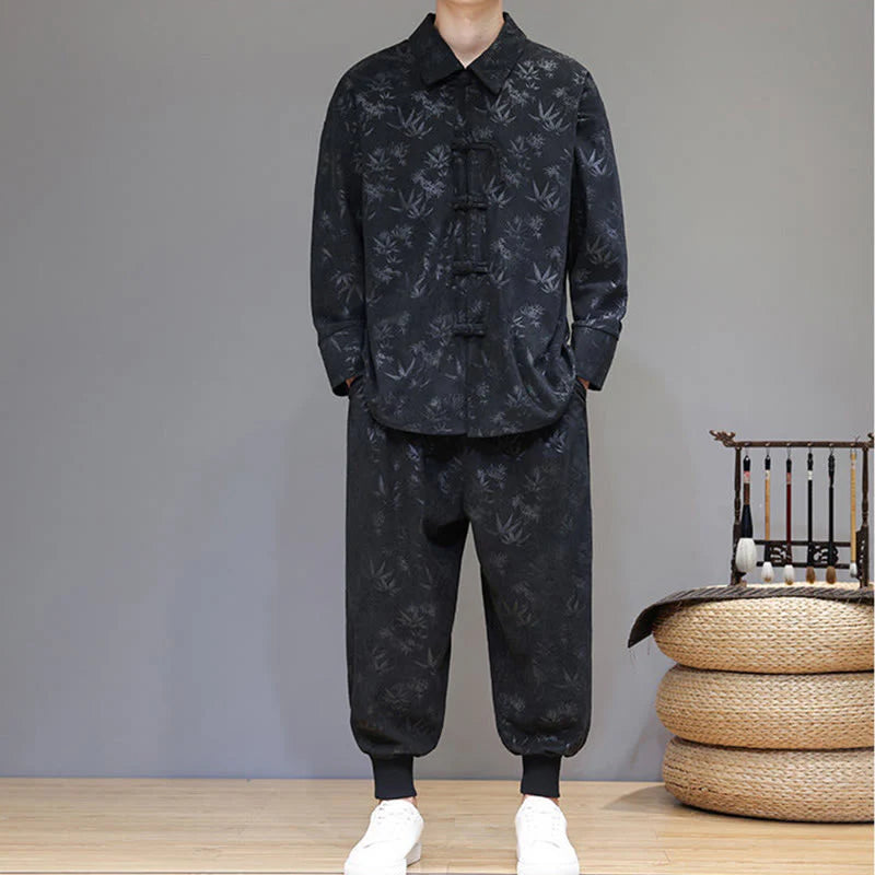 Buddha Stones 2Pcs Winter Thick Bamboo Men's Tang Suit Frog-Button Cotton Corduroy Long Sleeve Jacket Pants Set With Pockets