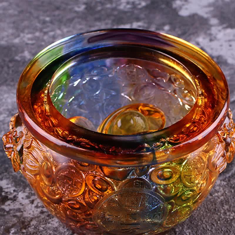 Buddha Stones Handmade Liuli Crystal Treasure Bowl Art Piece Home Decoration