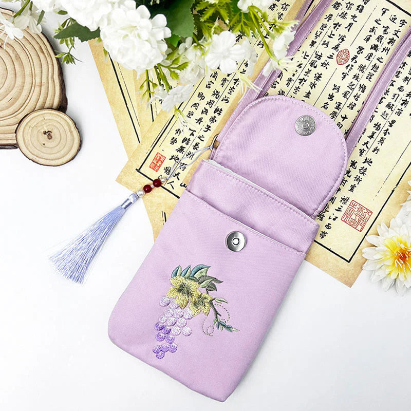 Buddha Stones Small Embroidered Flowers Crossbody Bag Shoulder Bag Double Layer Cellphone Bag