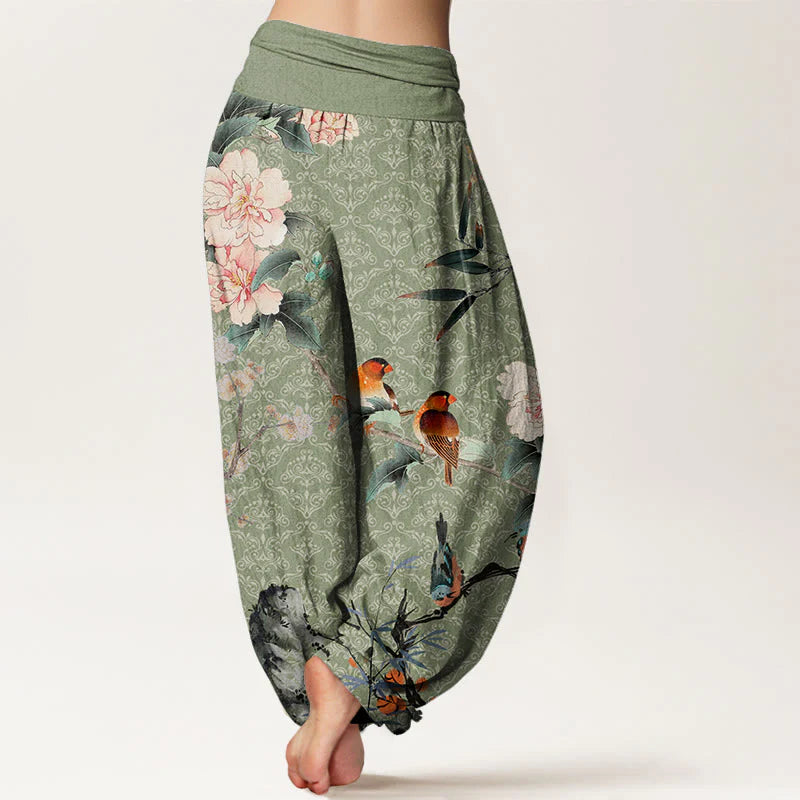 Buddha Stones Cotton Warbler Bird Blooming Flower Branches Mandala Pattern Women's Elastic Waist Harem Pants