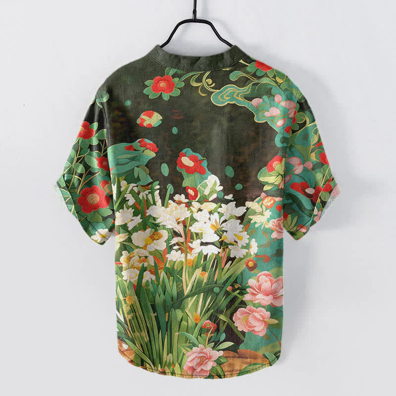 Buddha Stones Cotton Tropical Floral Print Men's Short Sleeve Half Button Shirt