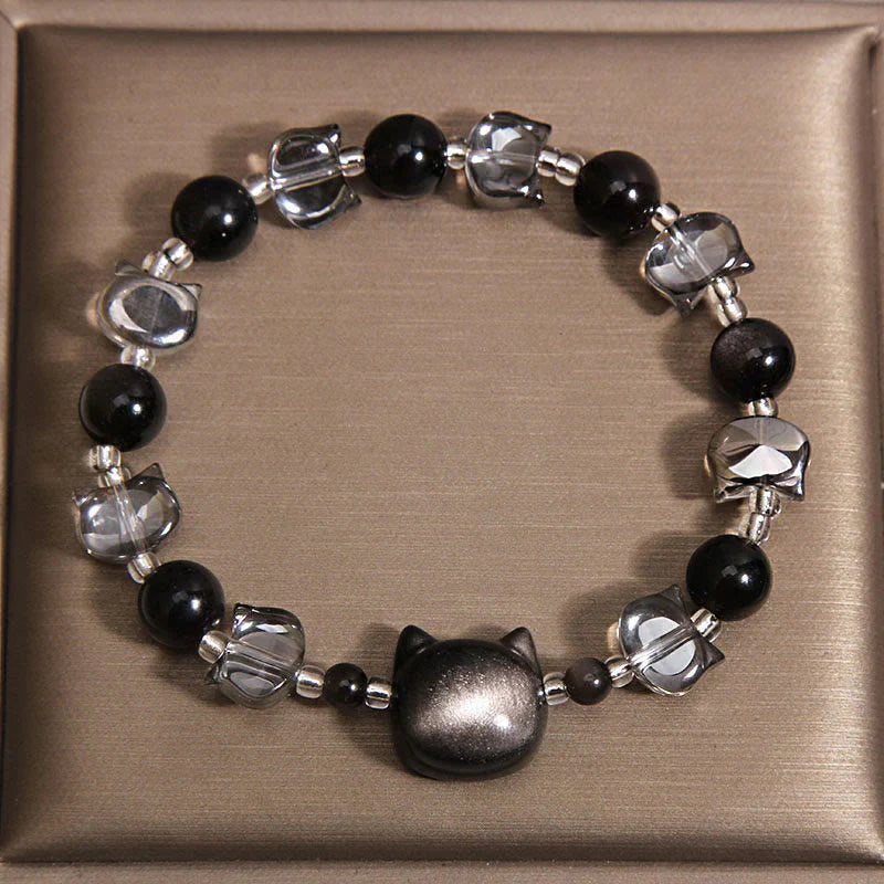 Buddha Stones Black Obsidian Cat Head Purification Strength Bracelet