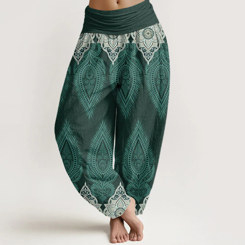 Buddha Stones Cotton Casual Feather Flower Design Women's Elastic Waist Harem Pants