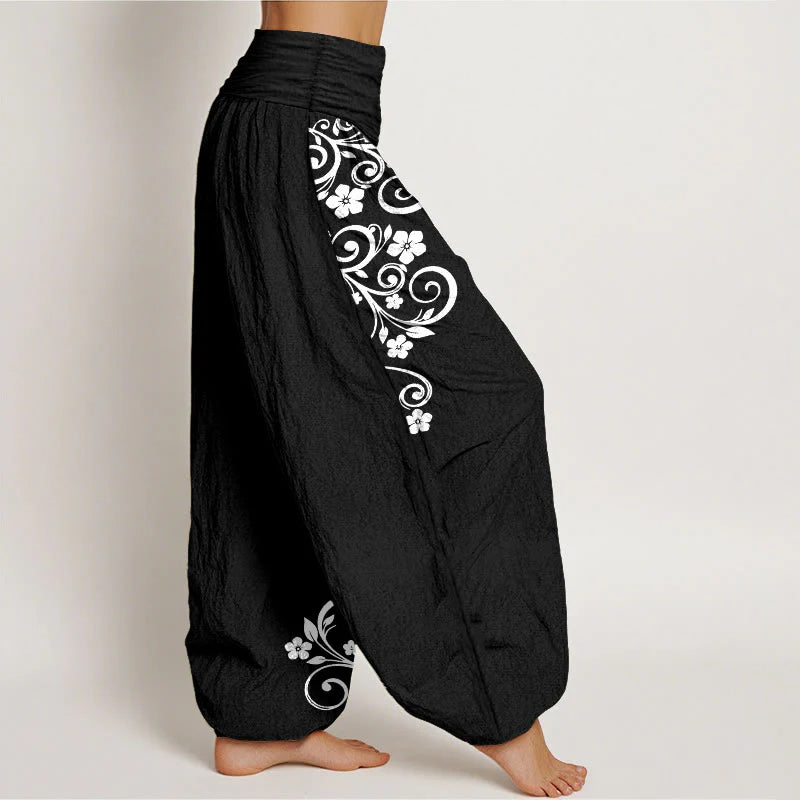 Buddha Stones Pure Cotton Elegant Vine Flower Pattern Women's Elastic Waist Harem Pants