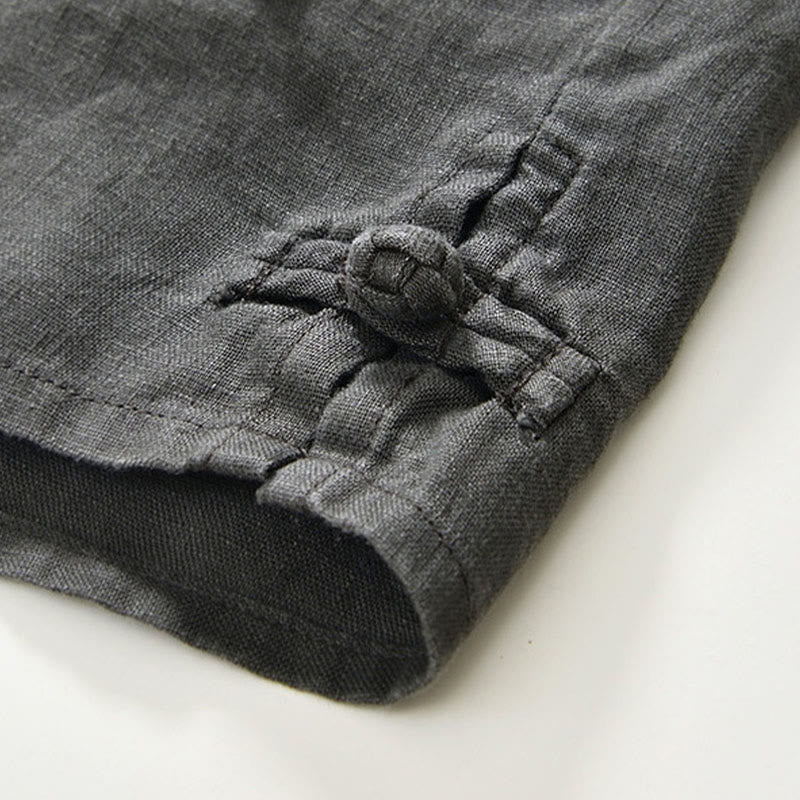 Buddha Stones Fall Solid Color Buttons Down Stand Collar Three Quarter Sleeve Linen Men's Shirt With Pockets