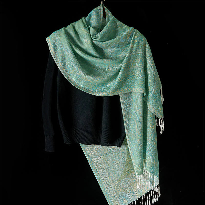 Buddha Stones Spring Green Cashew Flower Geometric Jacquard Pattern Tassel Cozy Scarf Shawl