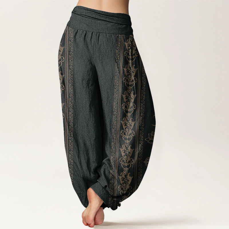 Buddha Stones Cotton Lotus Flowers Double Dorje Vajra Namaste Om Design Women's Elastic Waist Harem Pants