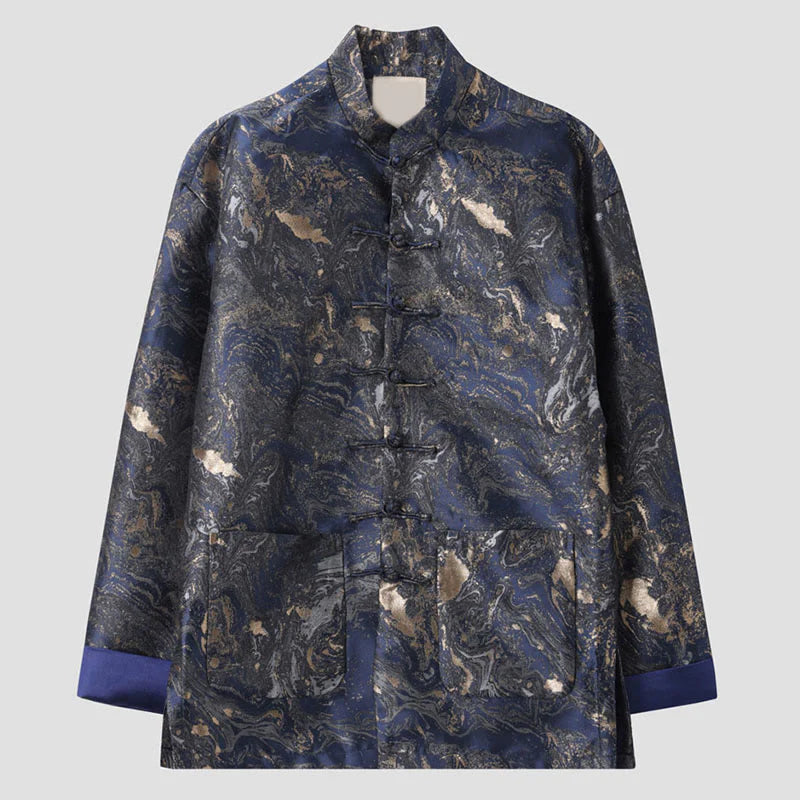 Buddha Stones Blue Flowing Water Mountains Frog-Button Long Sleeve Men's Jacket With Pockets