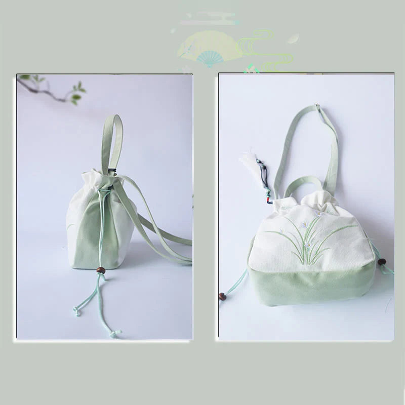Buddha Stones Handmade Embroidered Flowers Canvas Tote Shoulder Bag Handbag