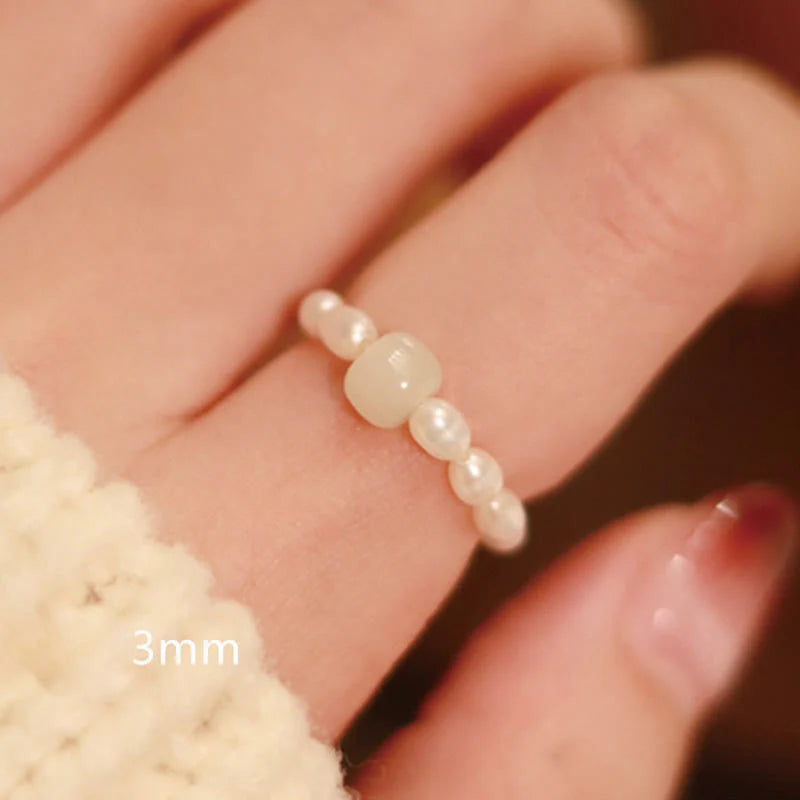 Buddha Stones 925 Sterling Silver Natural Small Hetian Jade Red Agate Pearl Bead Prosperity Elastic Ring
