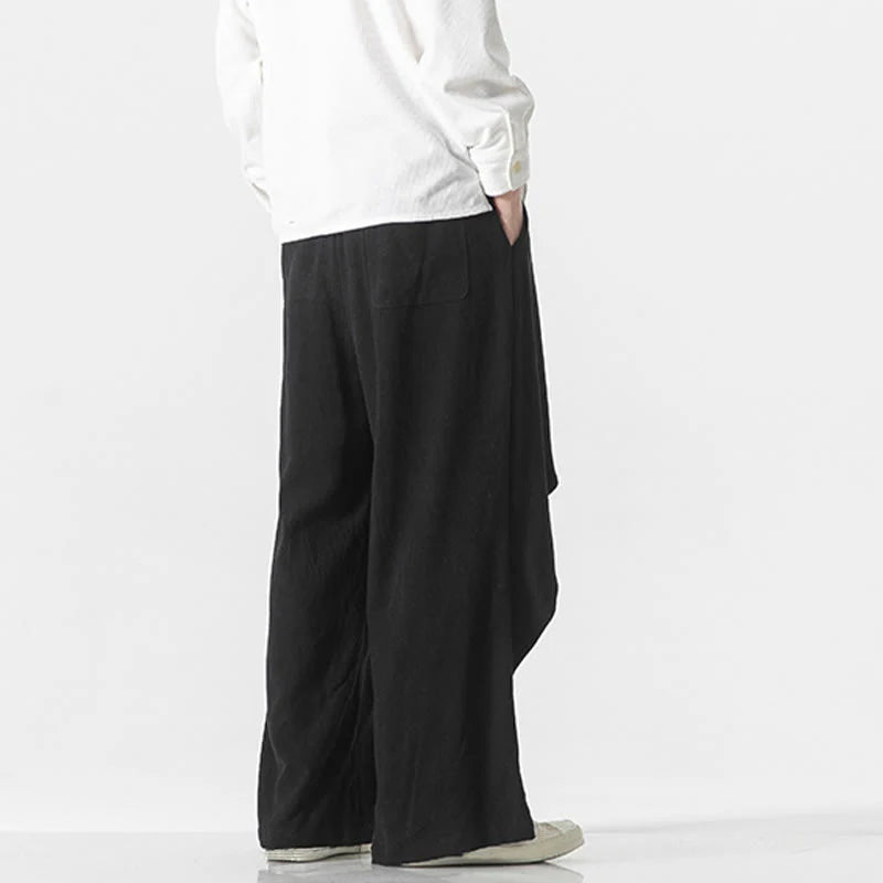 Buddha Stones Asymmetrical Patched Design Plain Men's Cotton Pants With Pockets