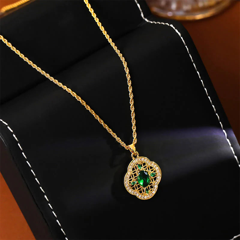 Buddha Stones Four Leaf Clover Hollow Design Copper Plated Gold Chain Luck Necklace Pendant