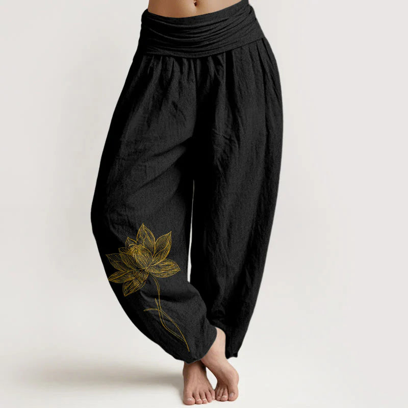 Buddha Stones Pure Cotton Elegant Lotus Flower Pattern Women's Elastic Waist Harem Pants
