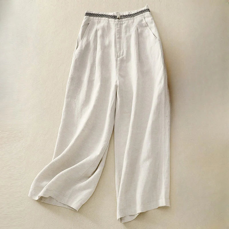 Buddha Stones Summer Plain Color 7-8 Length Cotton Linen Women's Wide Leg Pants With Pockets Zipper