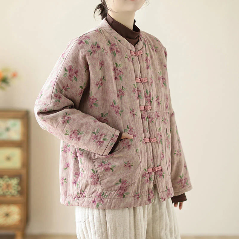 Buddha Stones Women's Long Sleeve Thermal Cotton Printed Florwer Pattern Jacket With Pockets
