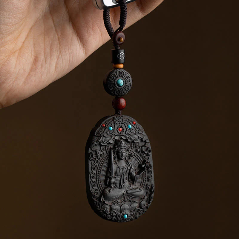 Buddha Stones Chinese Zodiac Natal Buddha Year of the Horse Om Mani Padme Hum Lotus Ebony Blessing Key Chain