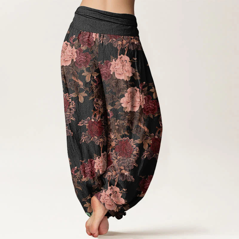 Buddha Stones Cotton Casual Lush Peony Flowers Leaf Pattern Women's Elastic Waist Harem Pants