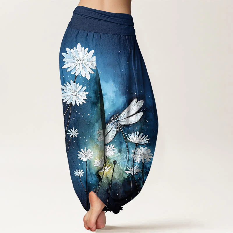 Buddha Stones Cotton Dreamy Daisy Dragonfly Pattern Women's Elastic Waist Harem Pants