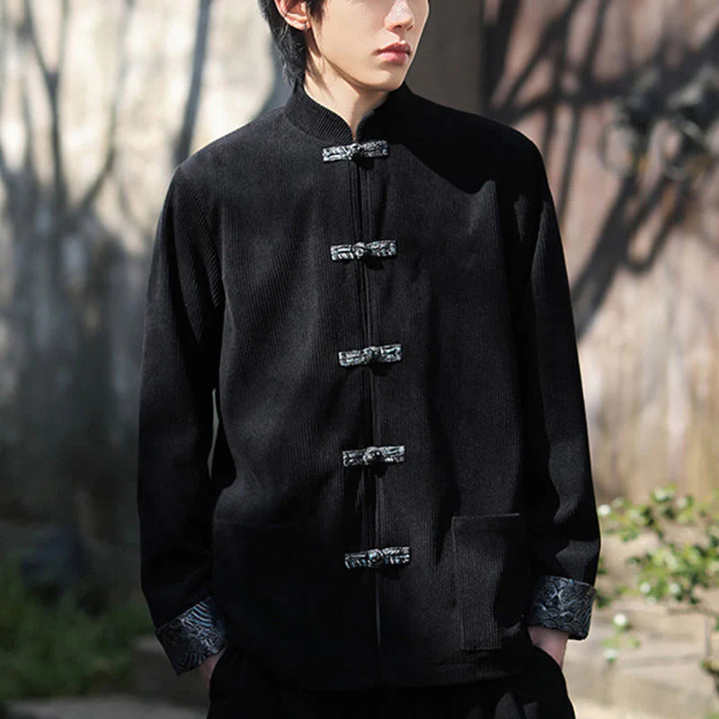 Buddha Stones Spring Jacquard Frog-Button Men's Cotton Corduroy Long Sleeve Jacket With Pockets