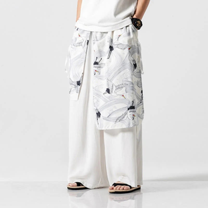 Buddha Stones Summer Flying Crane Design Cotton Men's Wide Leg Pants With Pockets