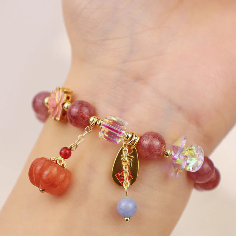 Buddha Stones Natural Strawberry Quartz Fu Character Pumpkin Charm Positive Bracelet (Extra 35% Off | USE CODE: FS35)