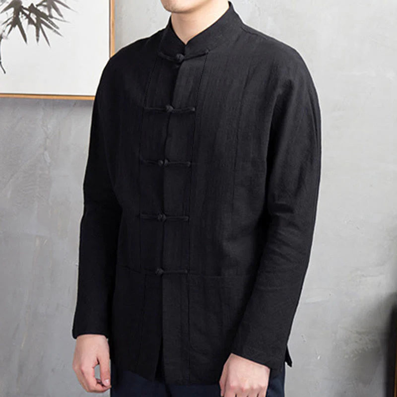 Buddha Stones Solid Color Casual Frog-button Men's Shirt Clothing