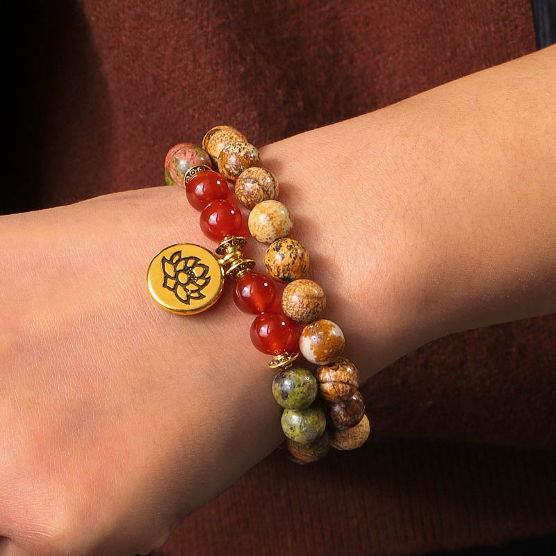 Buddha Stones Tibetan Picture Jasper Positive Lotus Bracelet Set (Extra 35% Off | USE CODE: FS35)