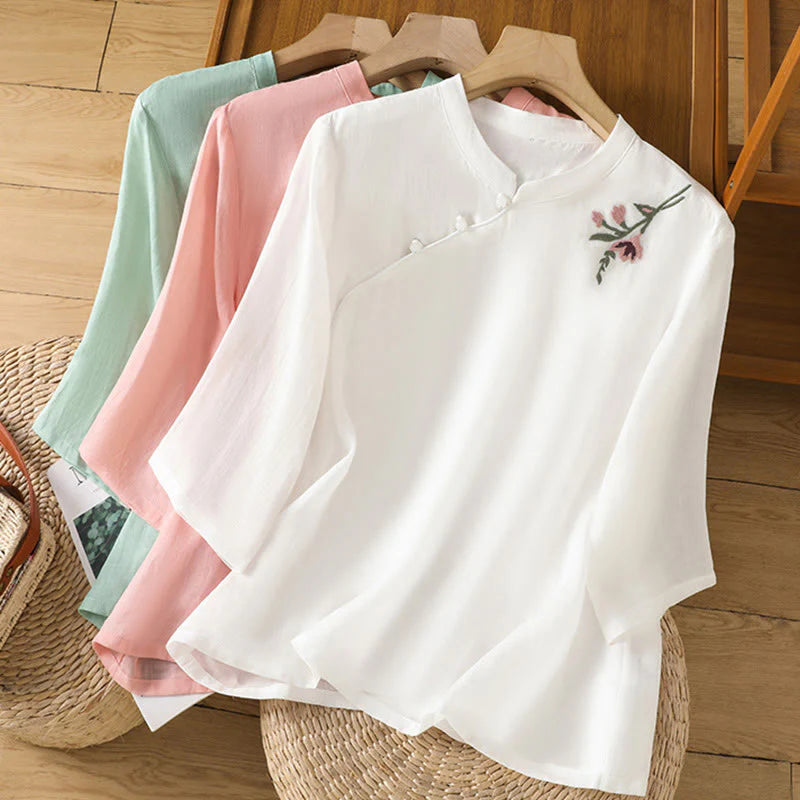 Buddha Stones Casual Women's Flowers Leaves Embroidery Pattern Frog-Button Crew Neck Design Half Sleeve Cotton Linen Shirt