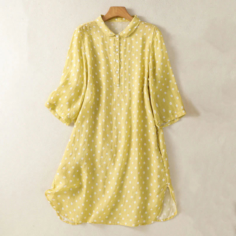 Buddha Stones Spring Polka Dot Button Stand Collar Polyester Midi Dress With Pockets
