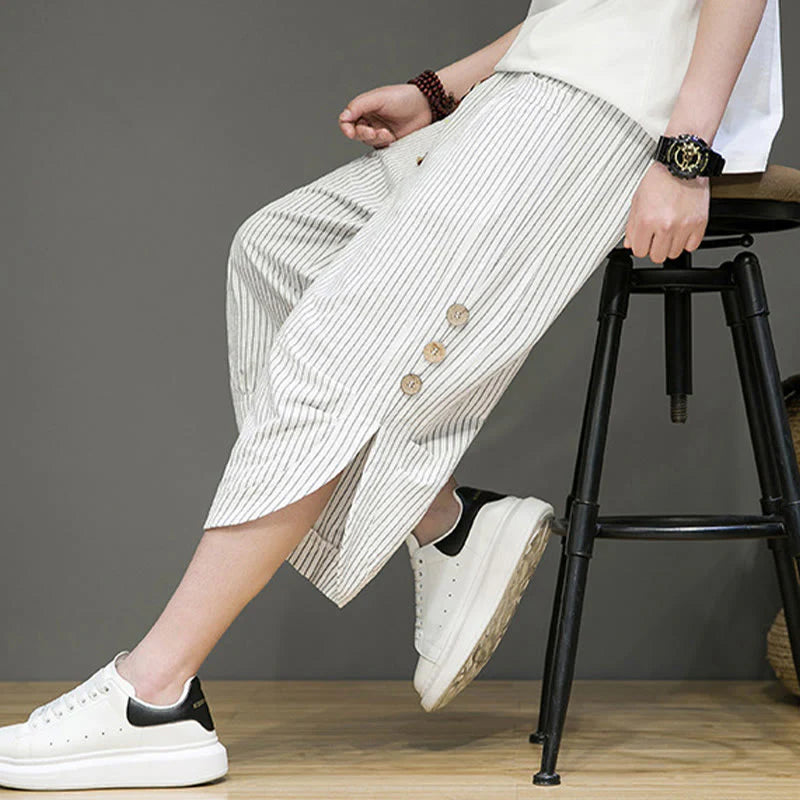 Buddha Stones Casual White Stripes Pattern Drawstring Button Design Men's Cotton Cropped Harem Pants With Pockets
