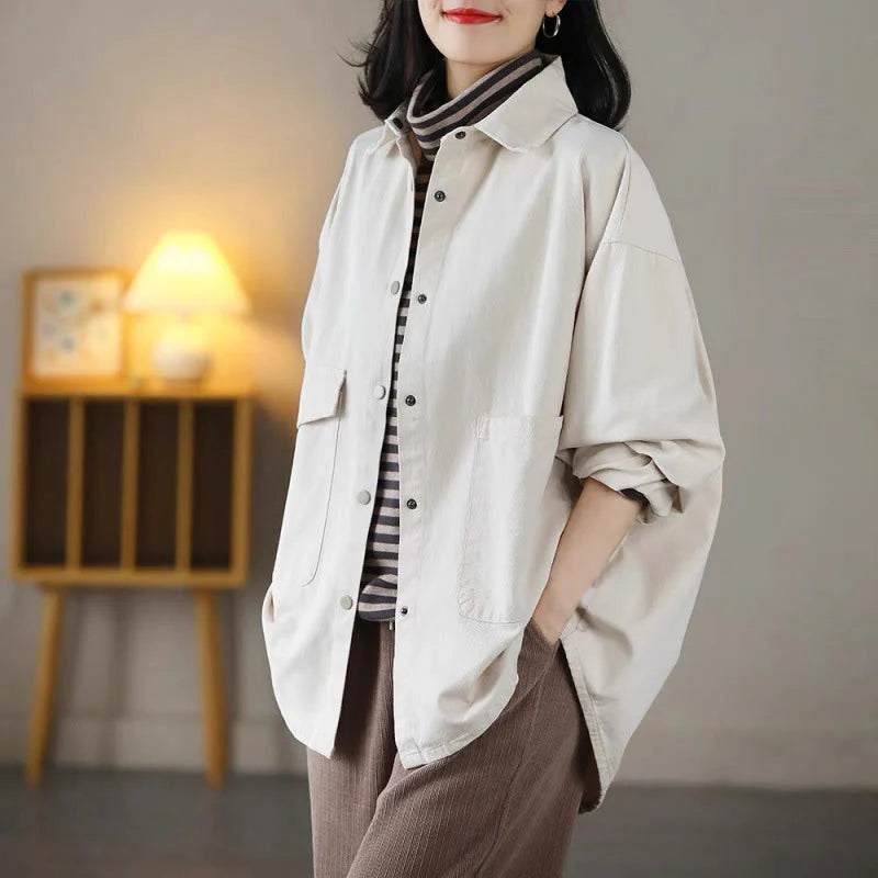 Buddha Stones Vintage Casual Pure Color Lapel Women's Cotton Jacket With Pockets